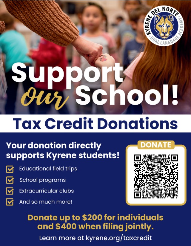 adult hand holding child's hand with children in the background and tax credit donation information at kyrene.org/taxcredit