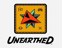 brown square with red and green triangles stacked and the word Unearthed at the bottom
