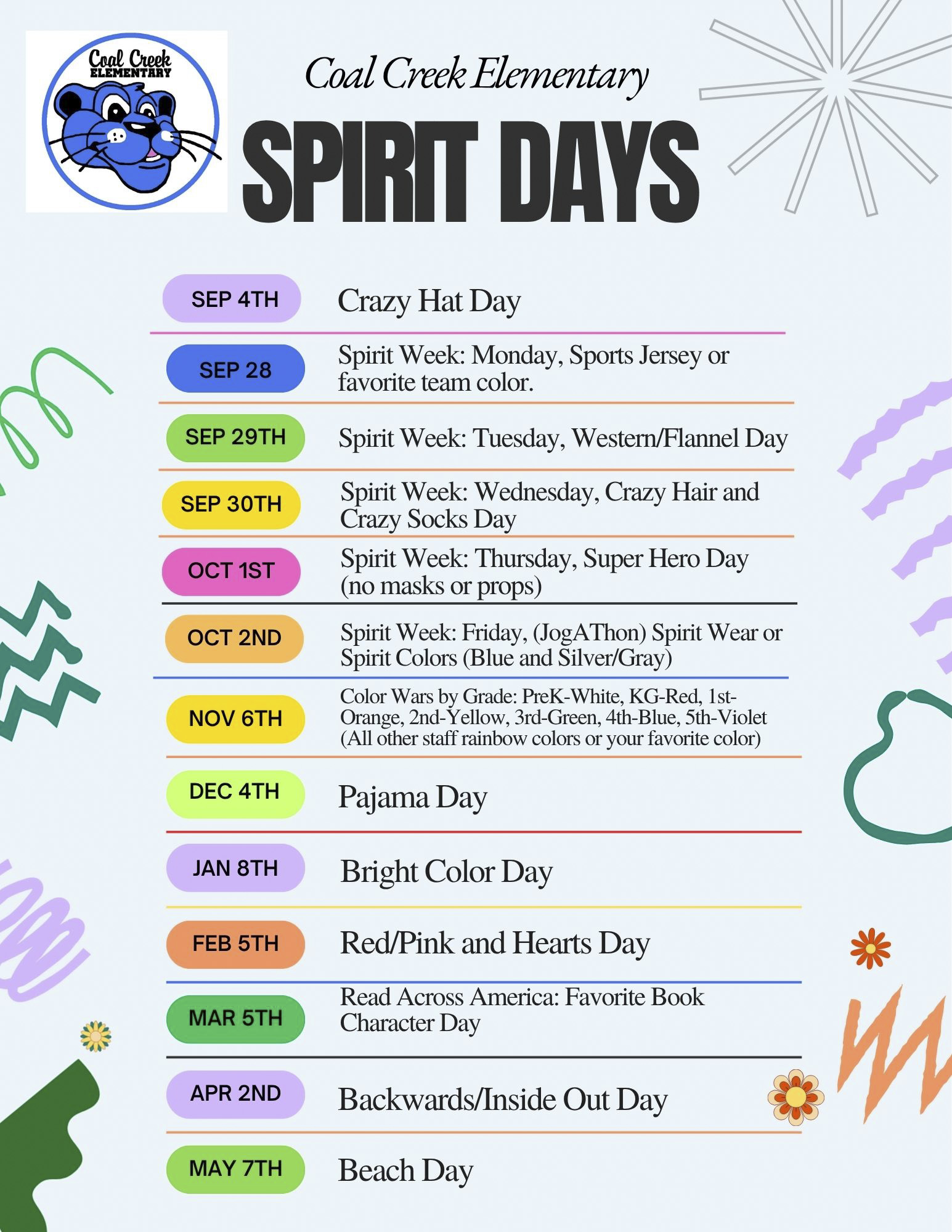 spirit days calendar with puma head