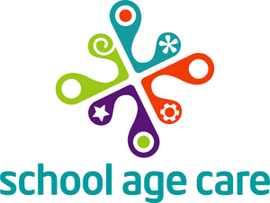 green, red, blue and purple image that says school age care