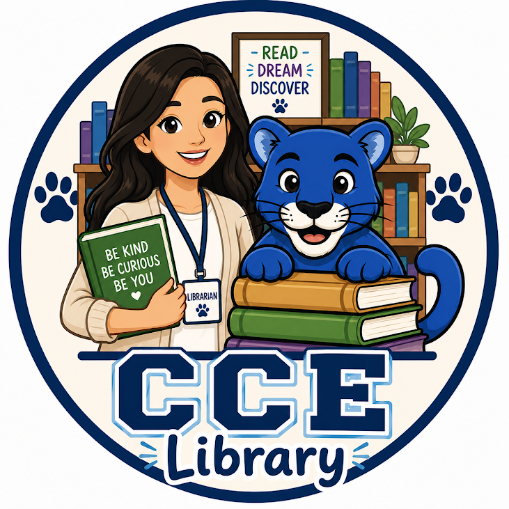librarian next to a blue puma on books 