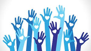 blue raised hands with a heart image on palms 