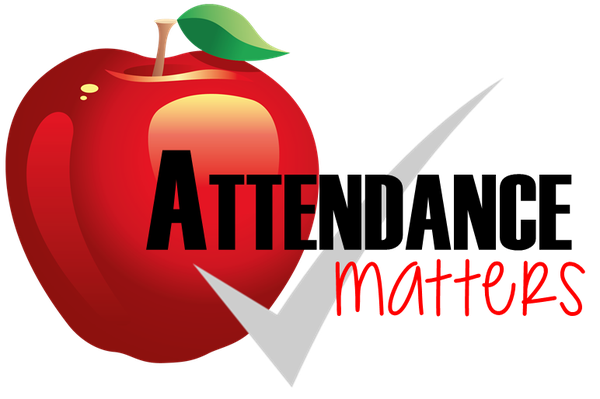 red apple with a white check mark and says Attendance Matters