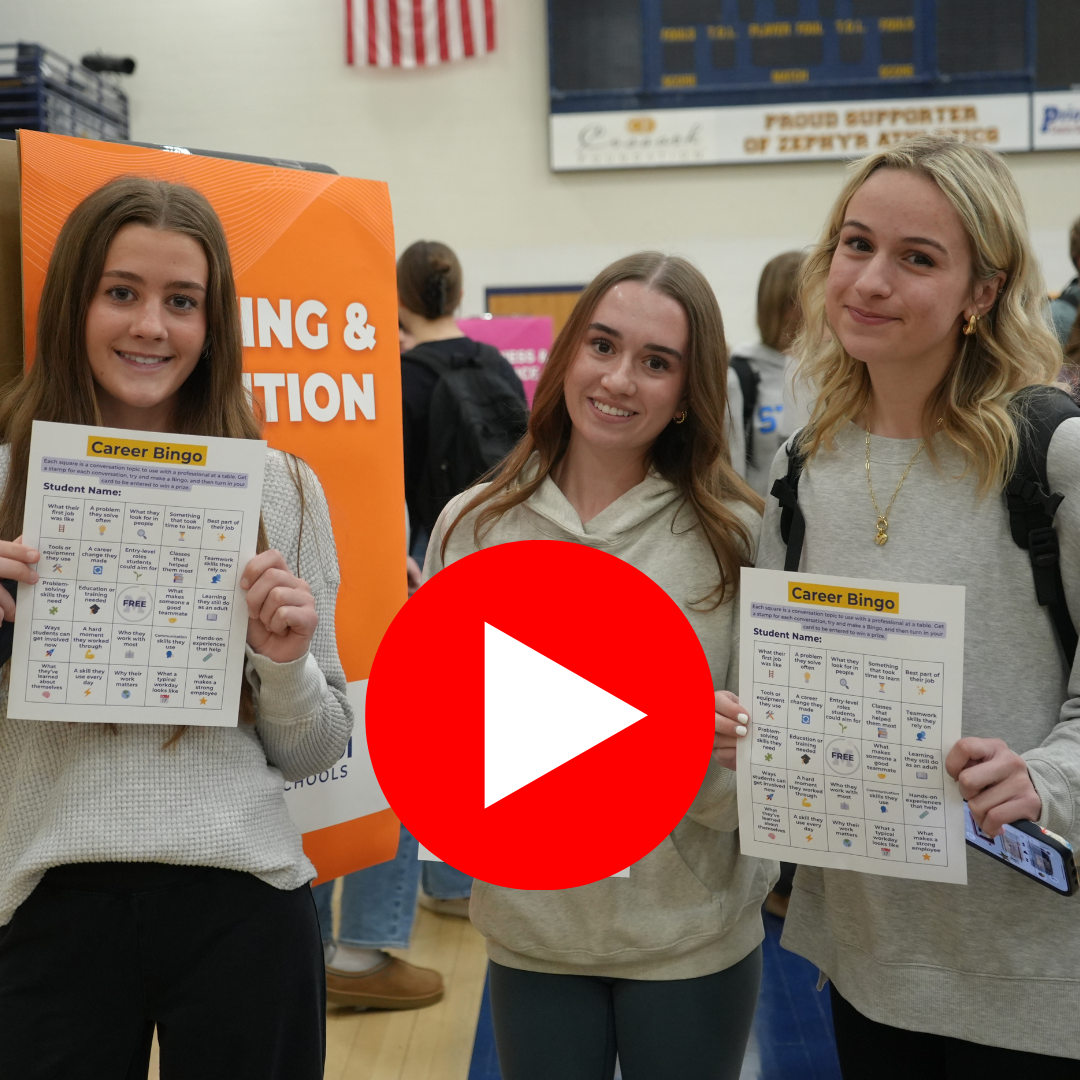 Students at Career Fair, holding bingo board 