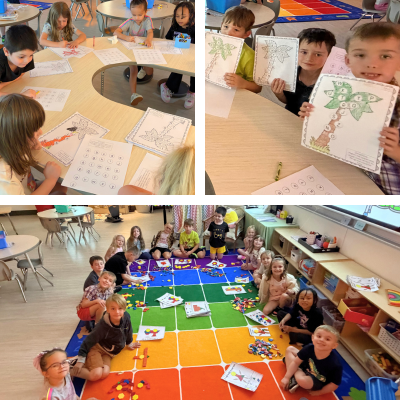 collage of kindergartners showing off worksheets