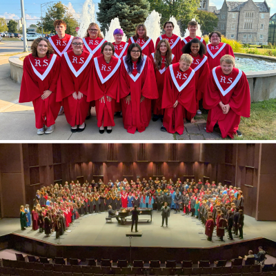 group photo of 15 choir singers in robes