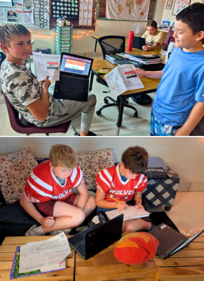 Sixth graders working in pairs with worksheets.