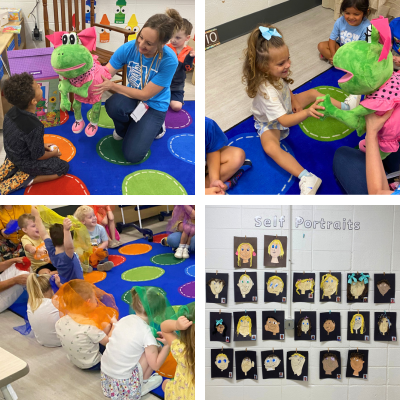 collage of preschool students playing with stuffed frog