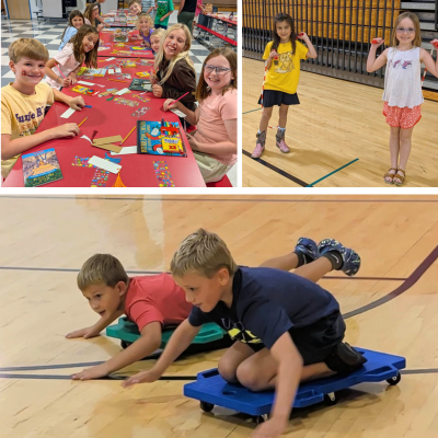 Collage of students playing games and coloring