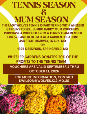 Picture of mums with contact information for Katie Wilson kwilson@wolves.k12.mo.us