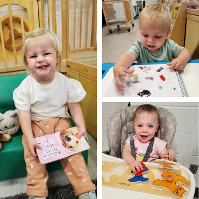 Toddlers playing with animal toys