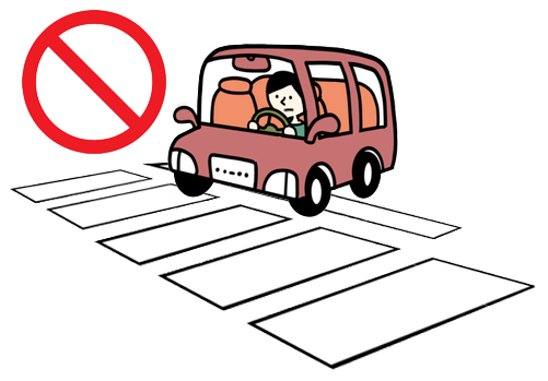 Clipart of a frowning person driving a red car, stopped over the white line in front of a crosswalk. A red circle with a line through it is in the upper left corner.