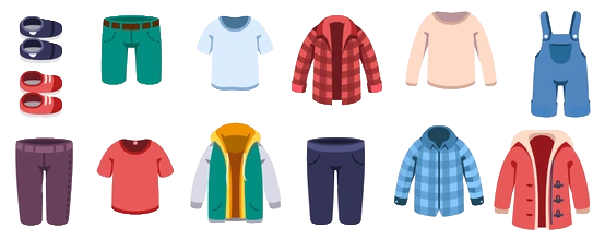 Clipart of pants, shirts, coats, and shoes in rows.