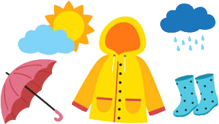 Clipart of a pink umbrella, a yellow raincoat, blue rainboots, the sun behind a cloud, and a cloud with raindrops falling from it.