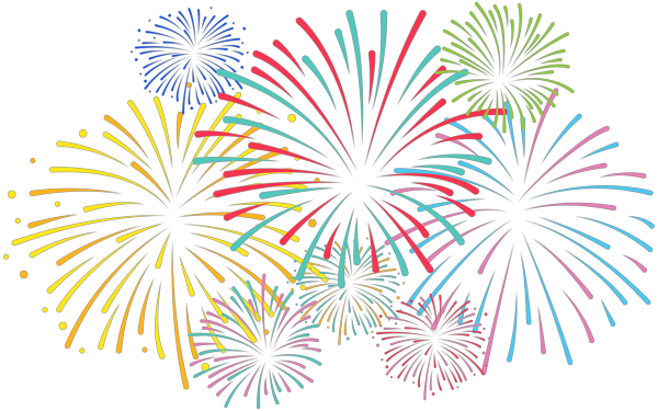 Clipart of fireworks: three large main bursts in the center in a line with two smaller bursts up above and three smaller bursts below. A full rainbow of colors is represented.
