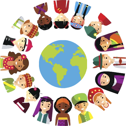 Clipart of the earth surrounded by a circle of children in clothing from many different cultures.