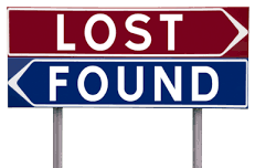 Rendered image of two street signs stacked on top of each other  held up by two metal poles, one on top saying 'LOST' and an arrowing pointing to the right with a red background, and one on bottom saying 'FOUND' with an arrowing pointing left with a dark blue background.