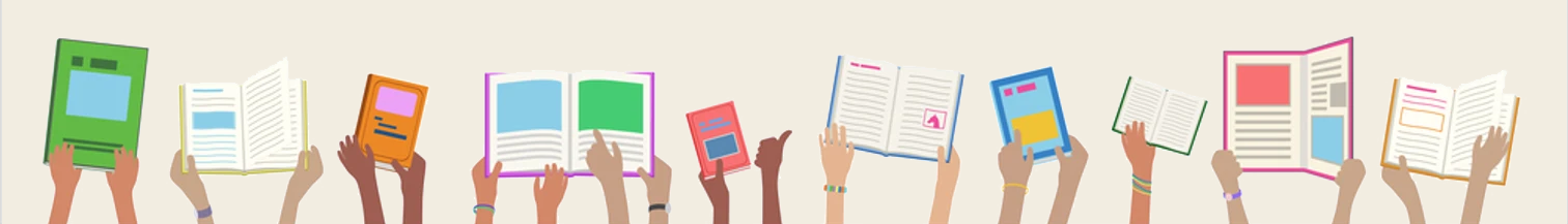 A banner with a tan background of clipart of hands in all skin tones holding up books. 11 people's hands are represented.