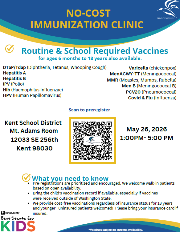 Flyer for no-cost immunization clinic from King County. All text is listed below.