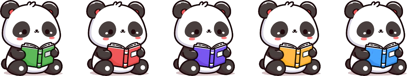 Una pancarta con cinco pandas de dibujos animados sentados y leyendo.