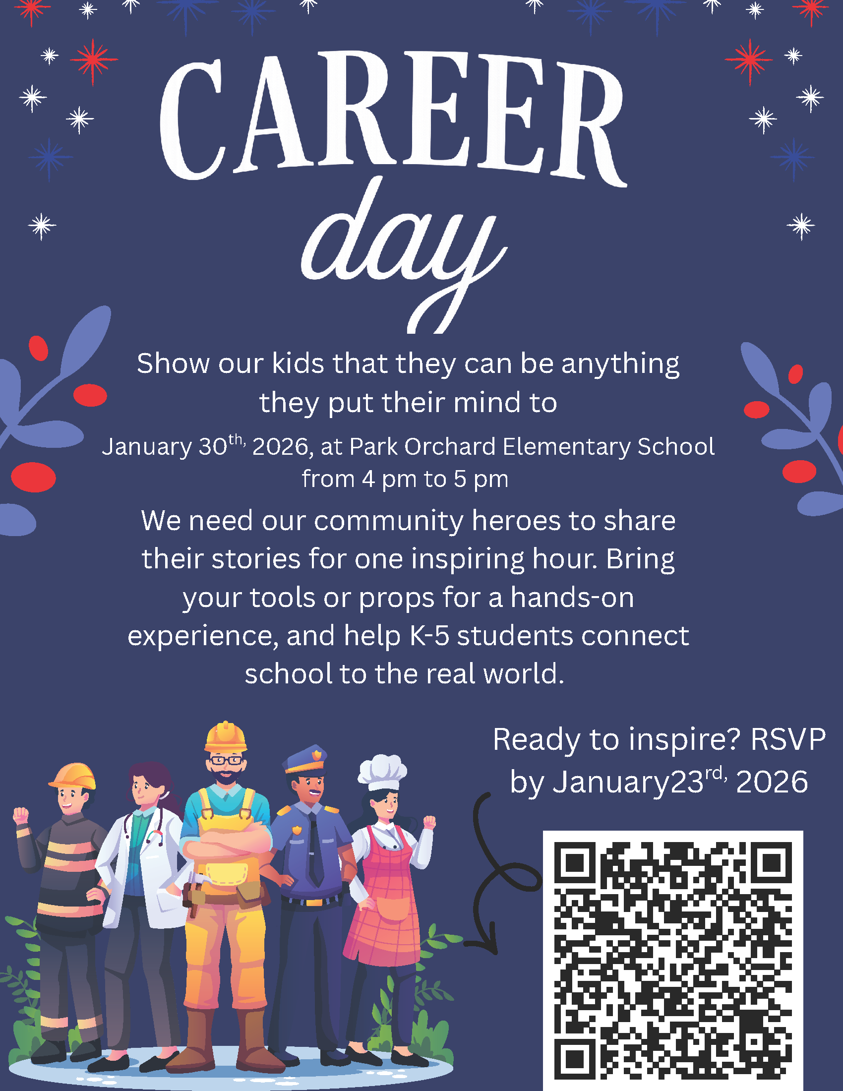 PDF poster of above text for the Career Fair. Blue background with five adults representing careers (left to right): emergency worker, doctor, construction worker, police officer, chef.