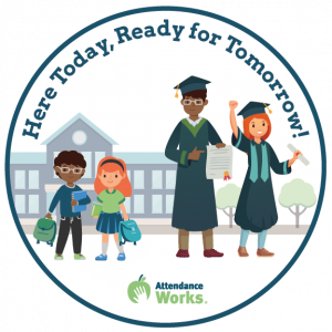 Clipart from Attendance Works showing two young students on the left, and then again on the right as high school graduates. There is a schoolhouse in the background. The text reads 'Here Today, Ready for Tomorrow!'