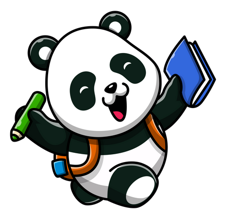 Clip art de un panda sonriente caminando, llevando una mochila marrón y sosteniendo en alto un cuaderno azul y un lápiz de color verde.