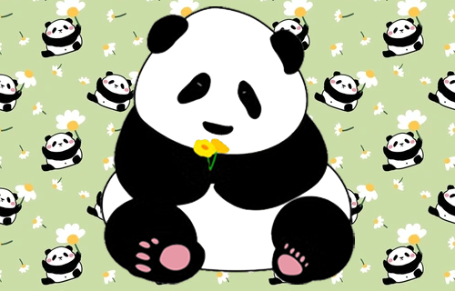 Clipart of a sitting panda holding two yellow flowers. The background is a repeating pattern of small pandas holding up large white daisies.