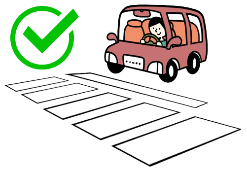 Clipart of a smiling person driving a red car, stopped behind the white line in front of a crosswalk. A green check in a circle is in the upper left corner.