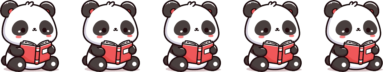 A banner of 5 clipart pandas sitting down and reading.
