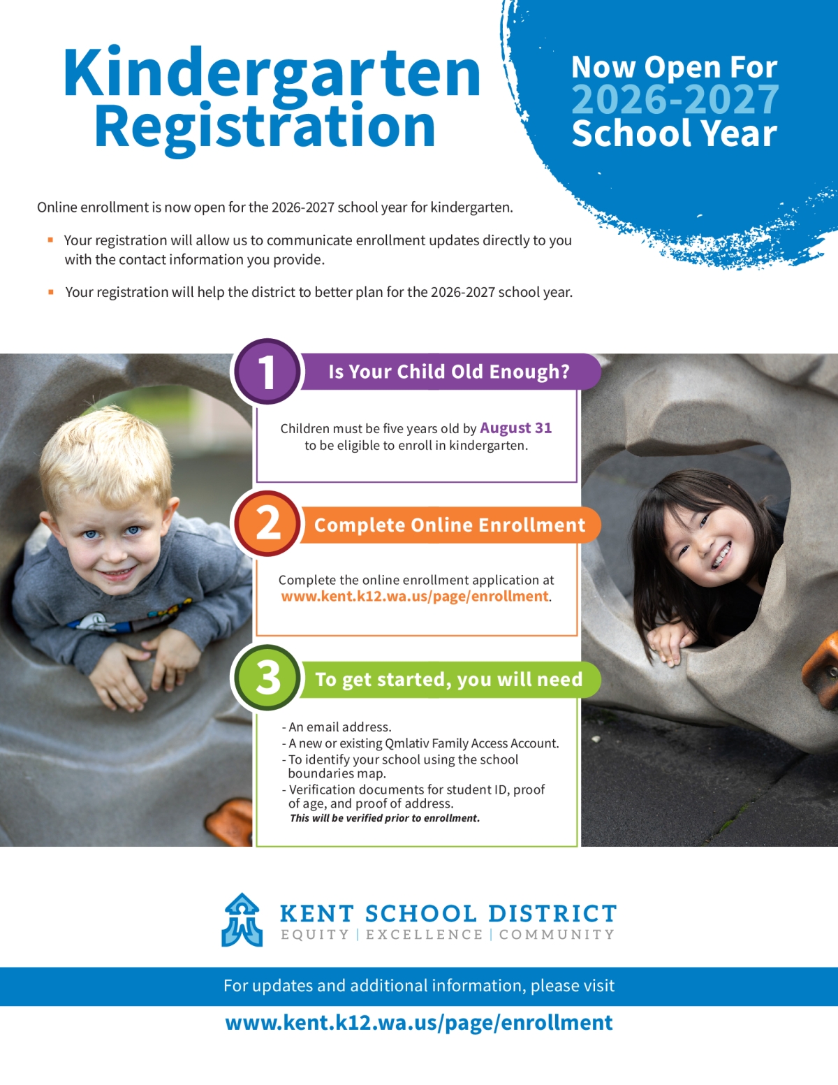 Image of flyer containing all following text about kindergarten enrollment.