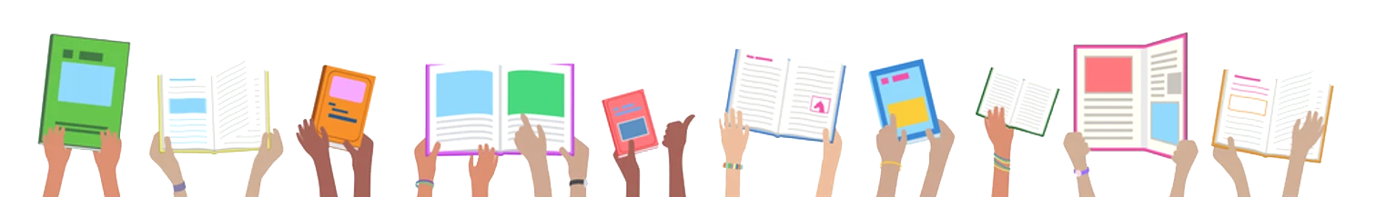 A banner of clipart hands in all skin tones holding up books. 11 people's hands are represented.