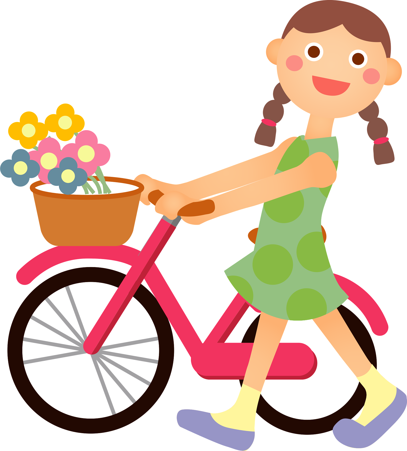 Clipart of a smiling girl wearing a green dress walking her pink bike. There are flowers in her bike basket.