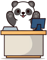 Clipart of a smiling panda behind an office desk with its paws in the air. There is a computer on the desk.