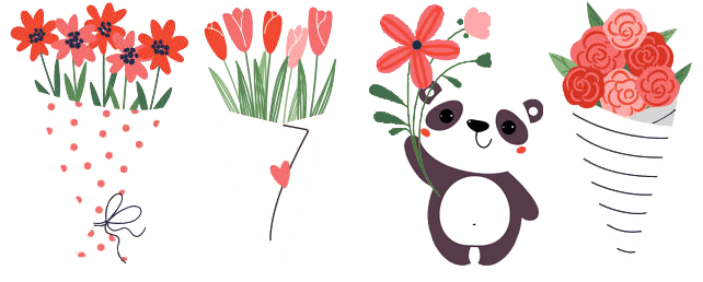 Clipart of three bouquets of Valentine's flowers and a panda holding a flower, all in a row.