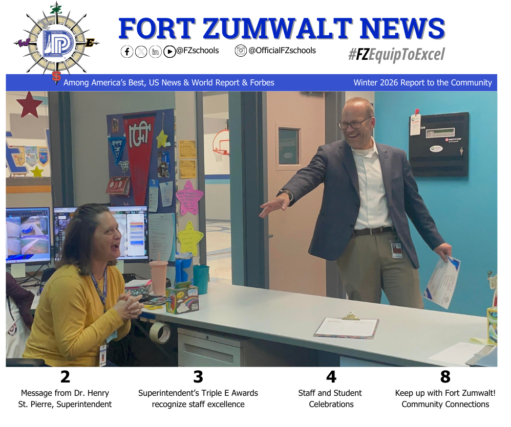 Cover of printed version of this newsletter featuring photo of superintendent presenting Triple EEE award to a surprised staff member