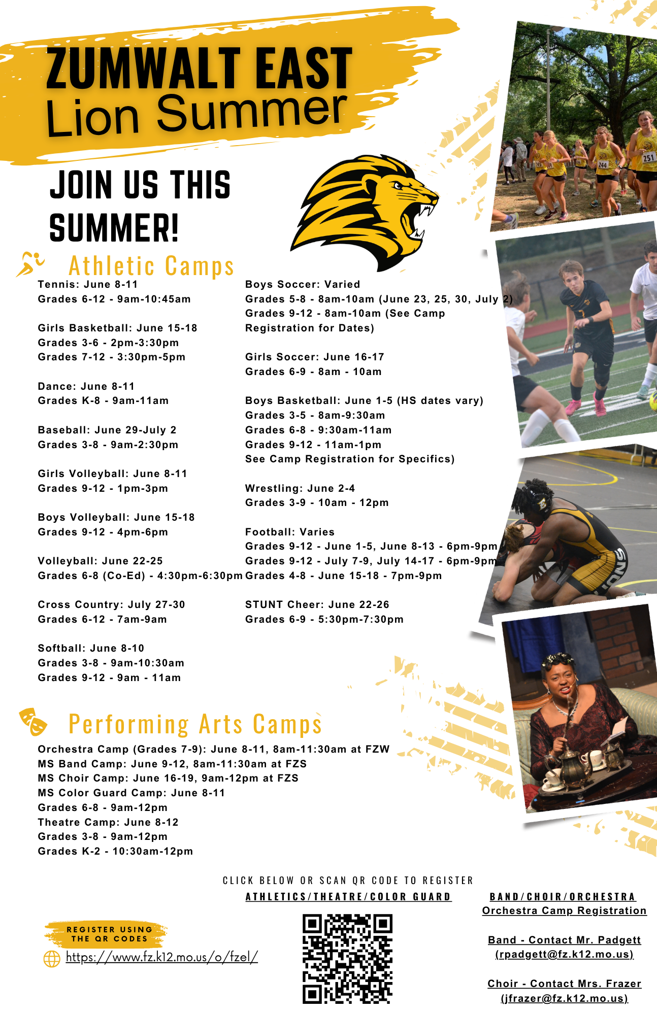 Summer camp flyer with dates and links to sign ups.