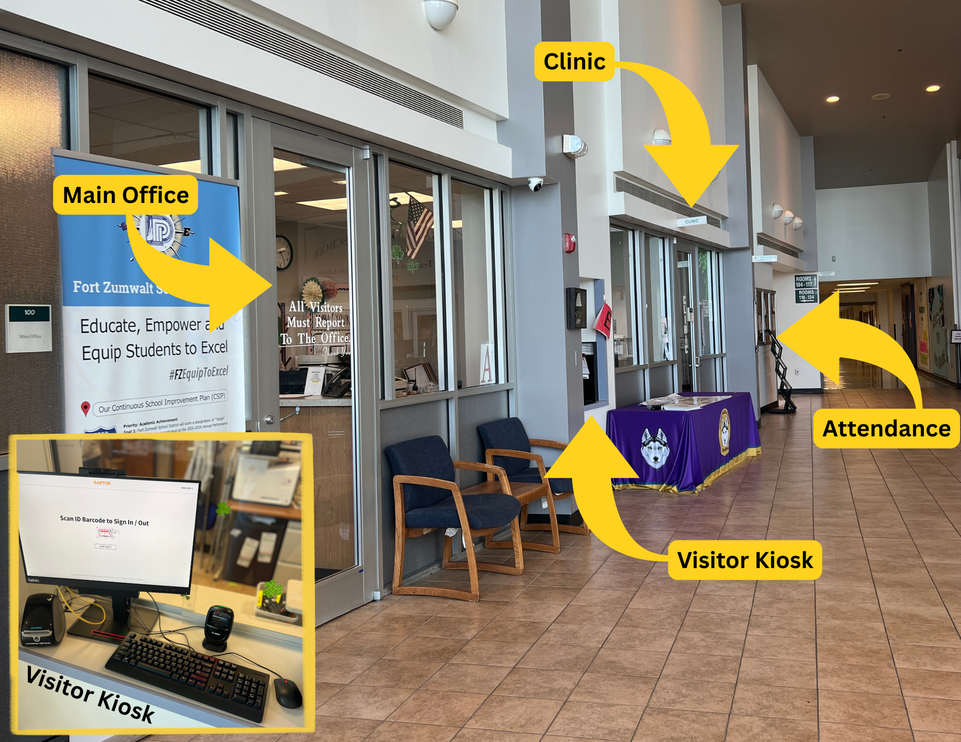 Photo of entry to DMS highlighting main office, visitor kiosk, clinic and attendance window locations.