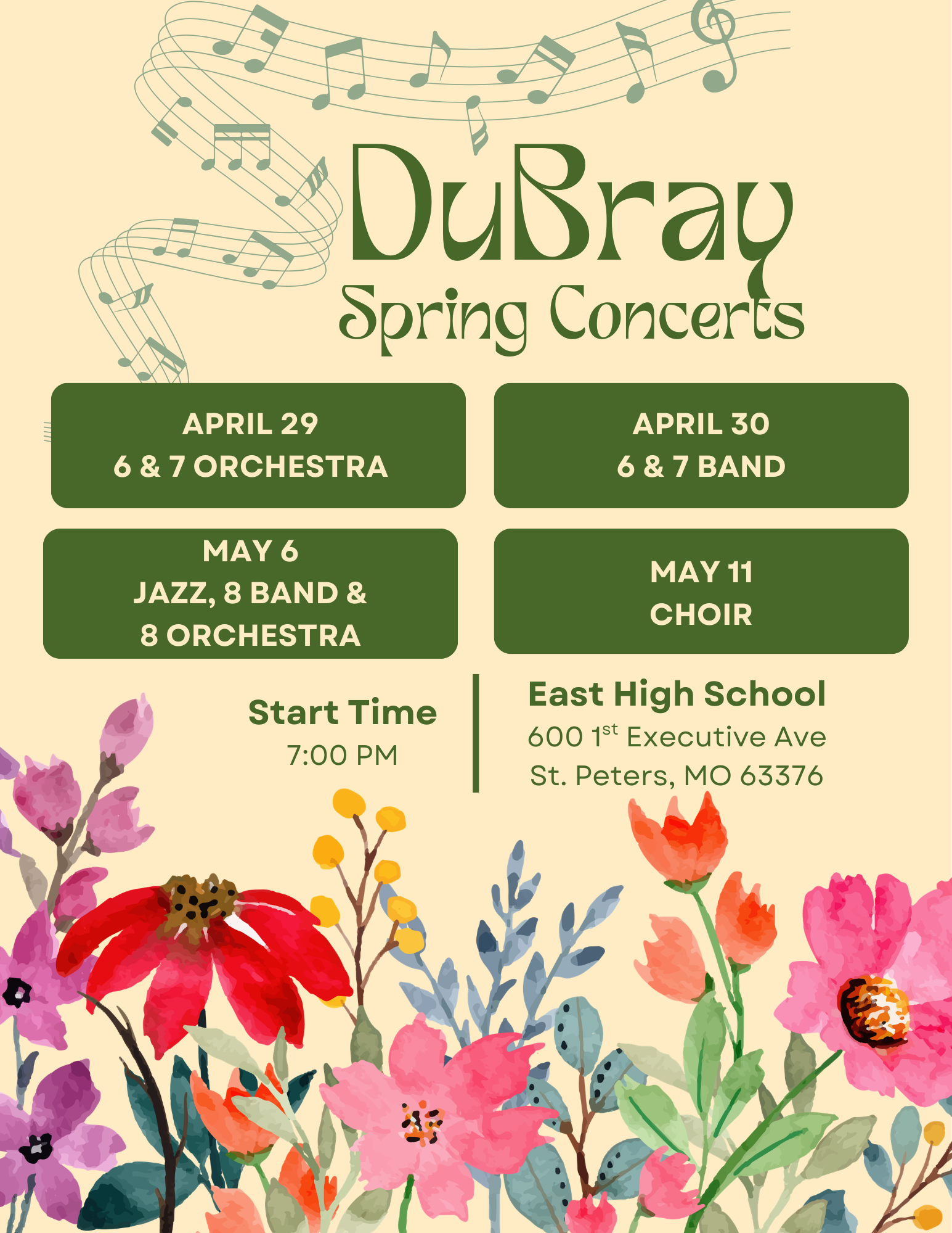 DuBray Spring Concert Flyer with dates