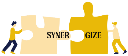 Photo of puzzle pieces coming together to spell synergize.