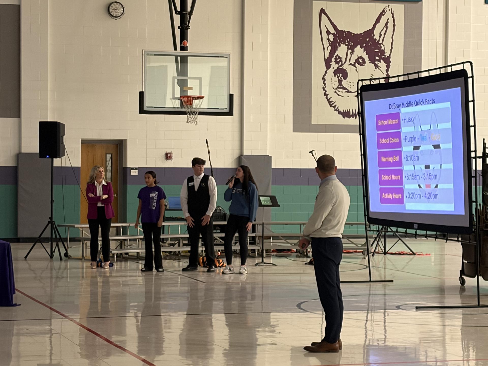 Photo of DuBray Middle School preview night; presentation.