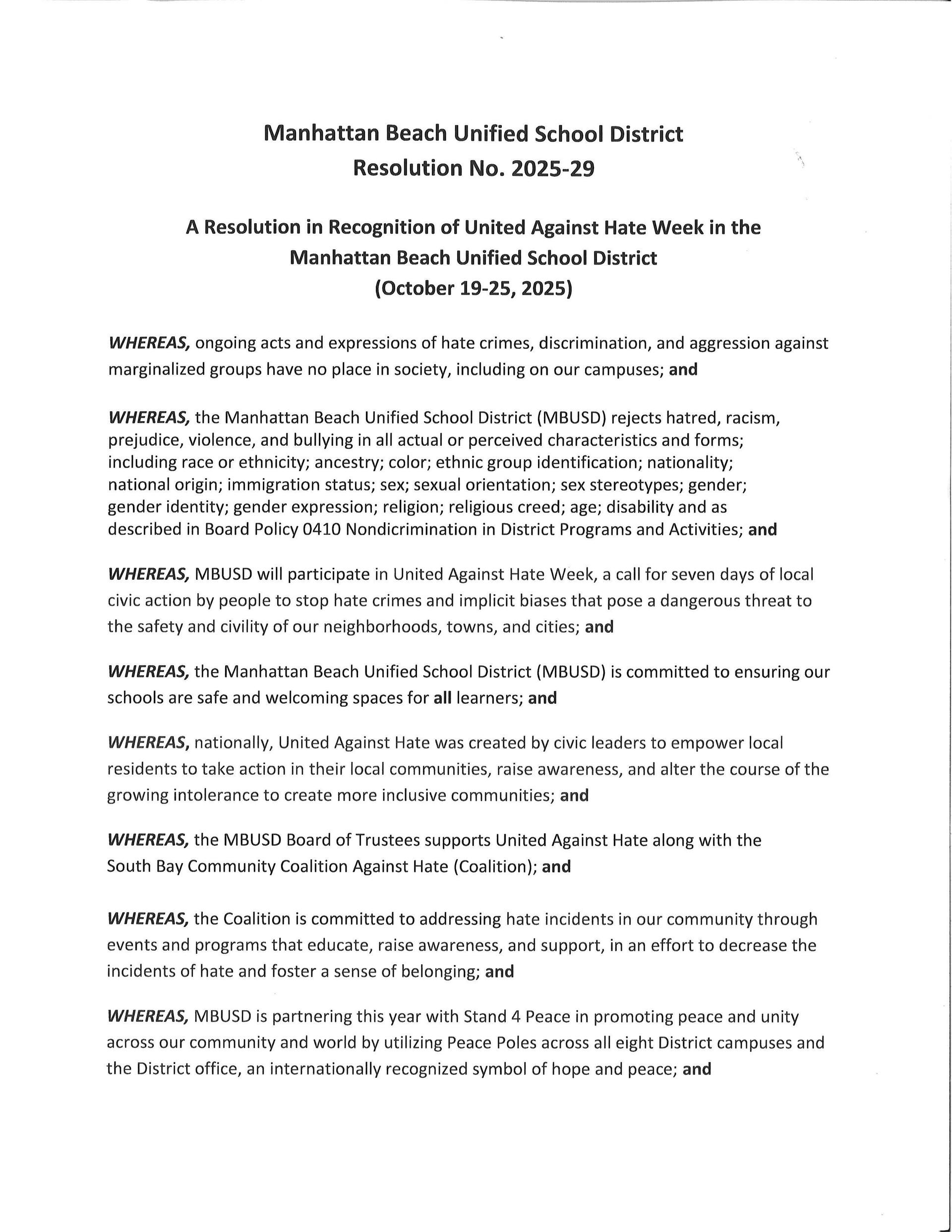 MBUSD United Against Hate Week Resolution