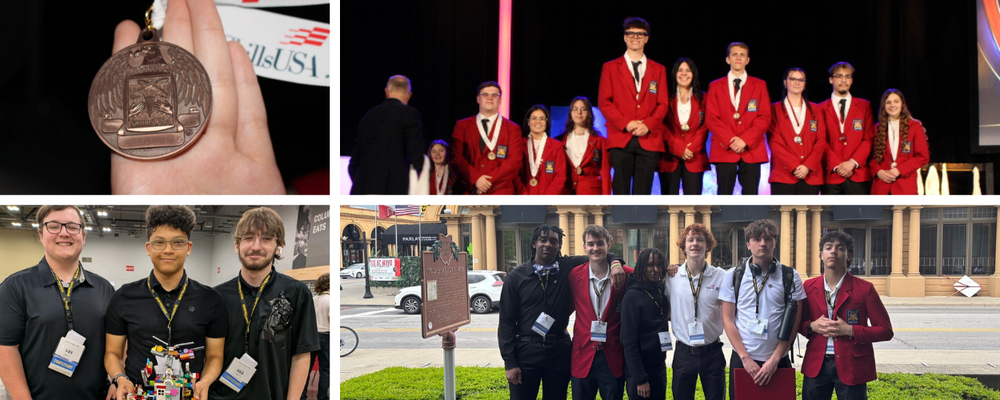 box with 4 different pictures. Top left award metal, top right group of students on stage, bottom left group of 3 students wearing their medals, bottom right 6 students wearing their medals