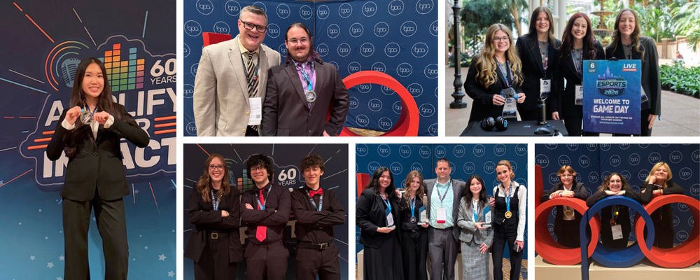 Collage of photos show students posing with medals, awards, and conference displays, including group shots in business attire and a student proudly holding a medal in front of a “60 Years” BPA backdrop.