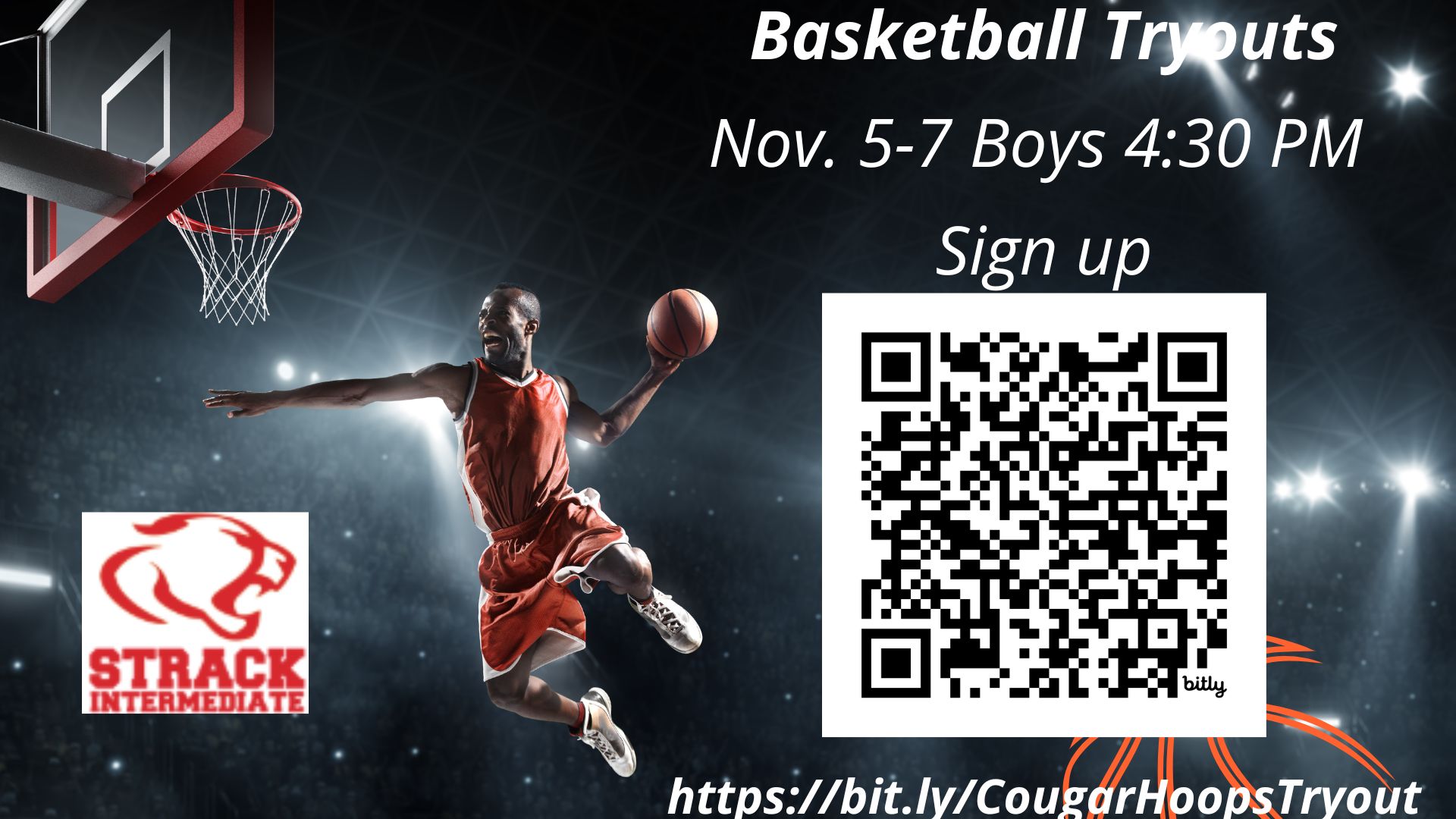 Basketball player about to dunk with tryout information
