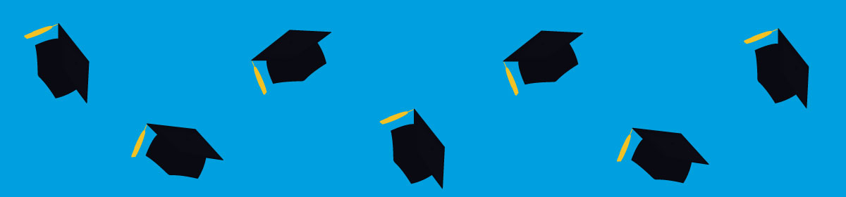 A image with a blue background and graduation hats. 