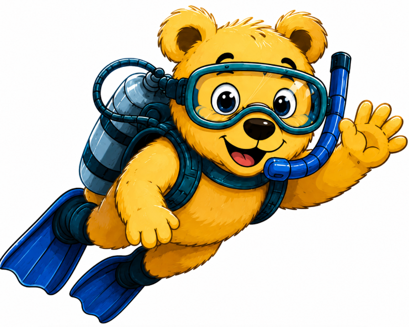 Bear in a scuba diving suit waving hello