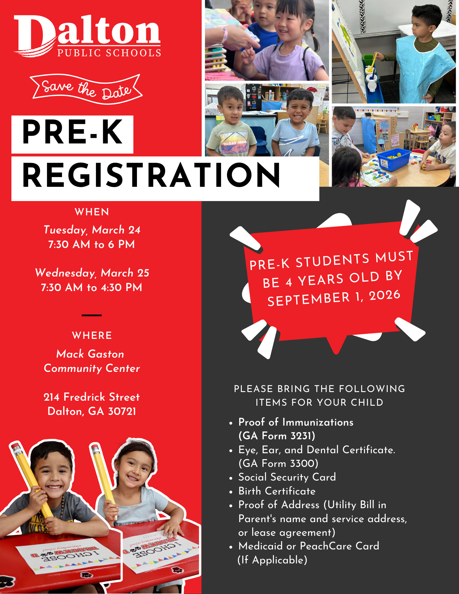 📣 Save the Date: Pre-K Registration! Dalton Public Schools will hold Pre-K Registration on: 📅 Tuesday, March 24 | 7:30 AM – 6 PM 📅 Wednesday, March 25 | 7:30 AM – 4:30 PM 📍 Mack Gaston Community Center Children must be 4 years old by September 1, 2026 to register. More details coming soon — mark your calendars! ✏️🍎