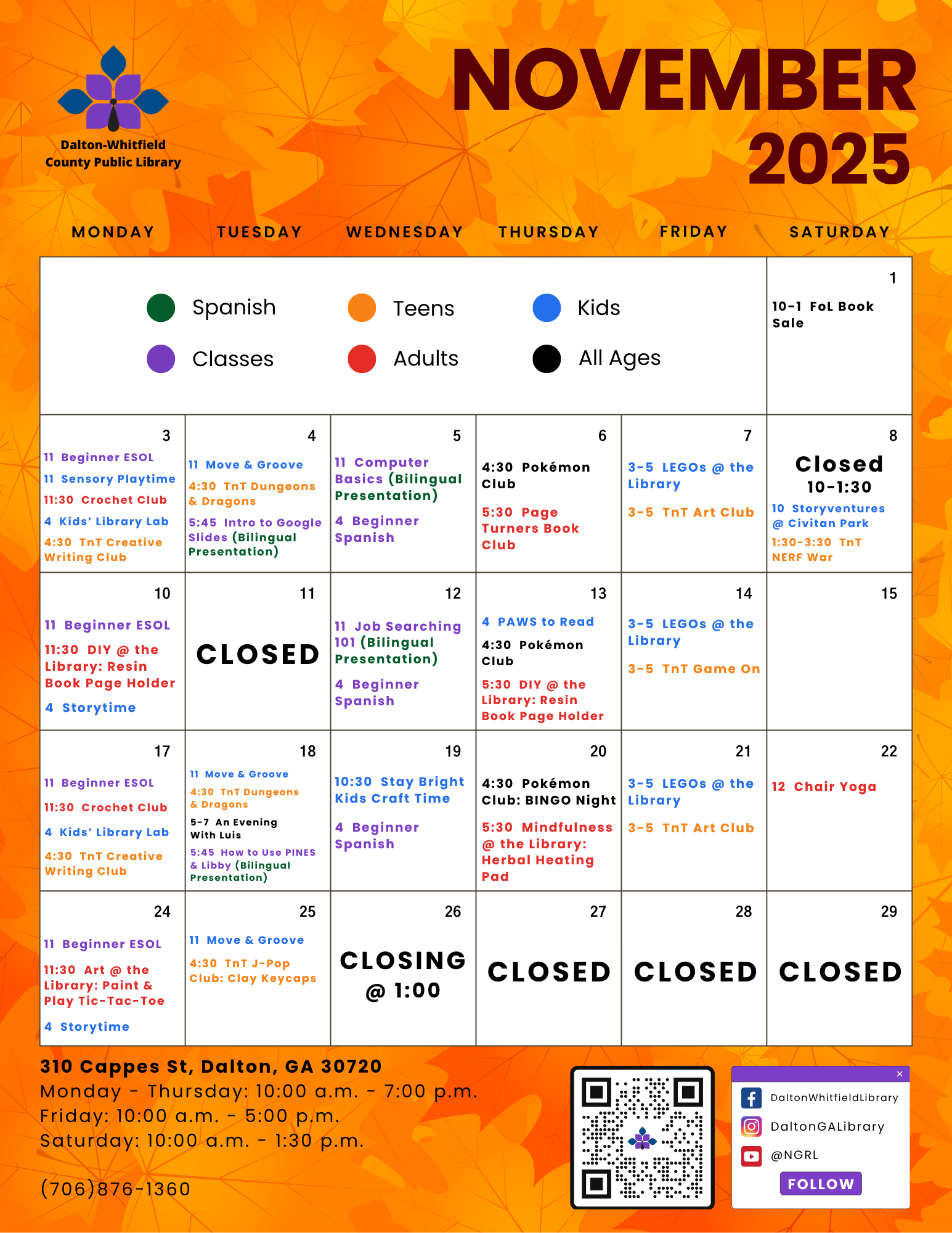 Here’s the November Calendar of Events from the Dalton-Whitfield County Public Library! Check out all the exciting programs and activities happening this month for readers of all ages.