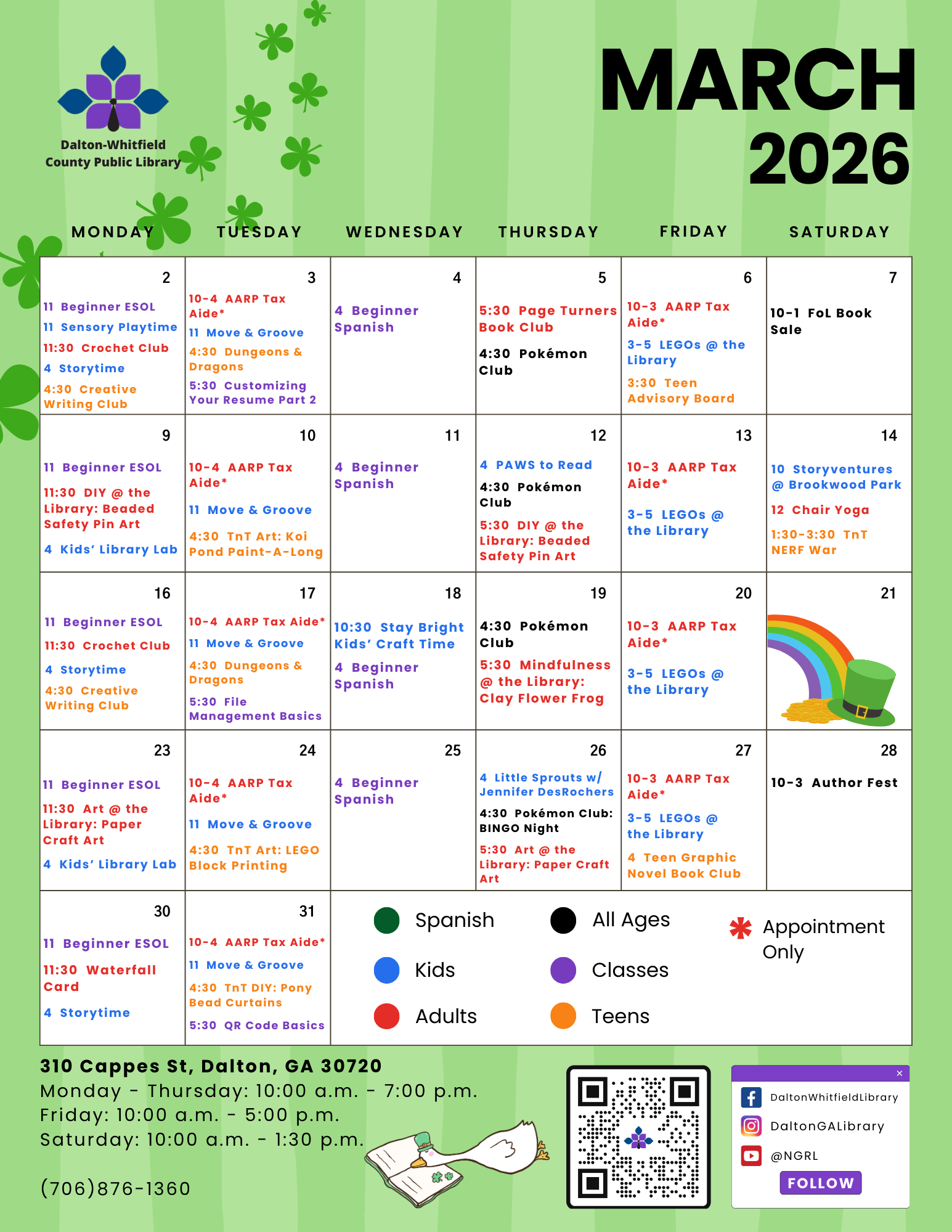 Here’s the March Calendar of Events from the Dalton-Whitfield County Public Library! Check out all the exciting programs and activities happening this month for readers of all ages.